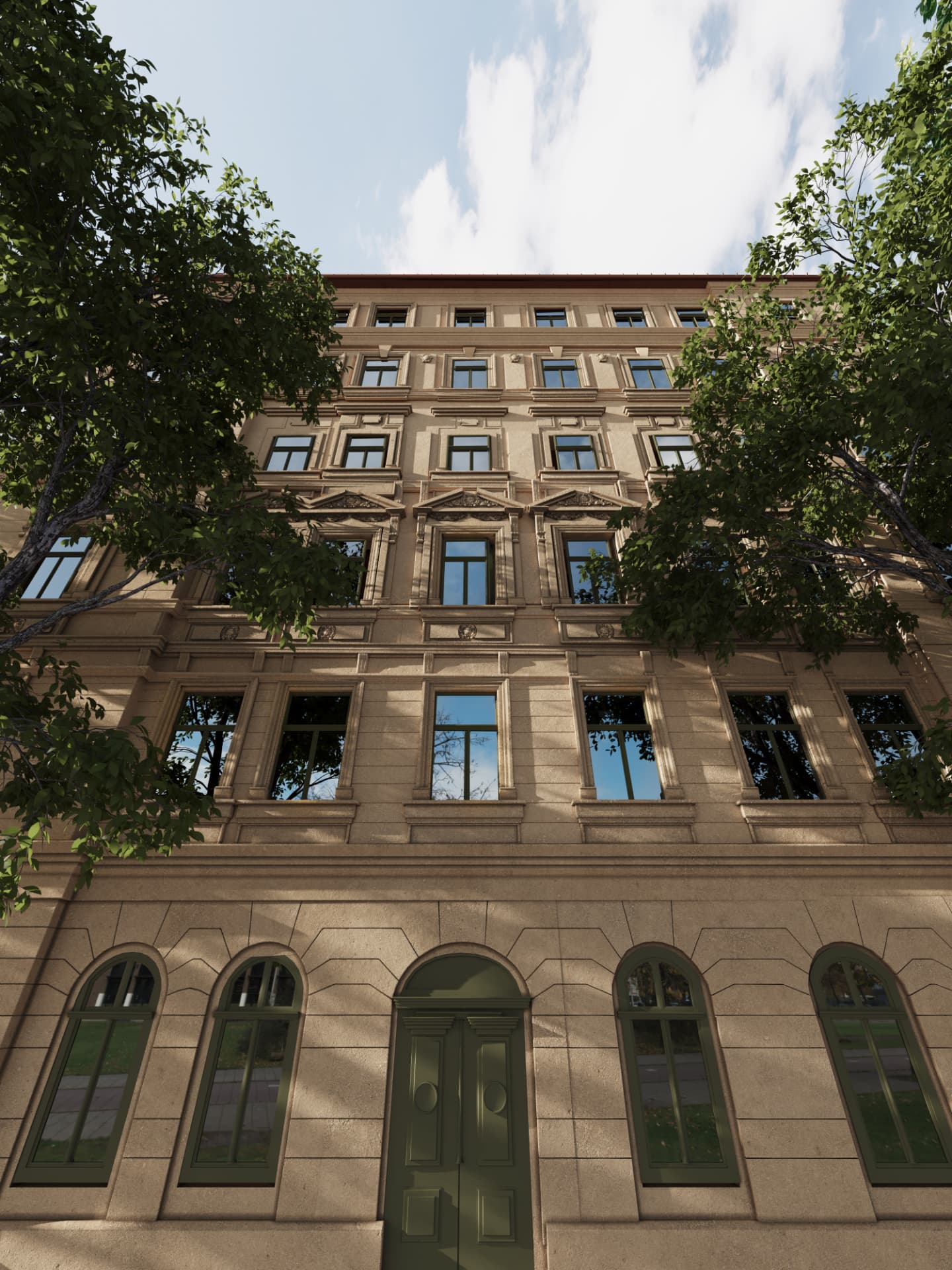 Fasáda domu Jagellonská od architektonického náčrtu po vizualizaci